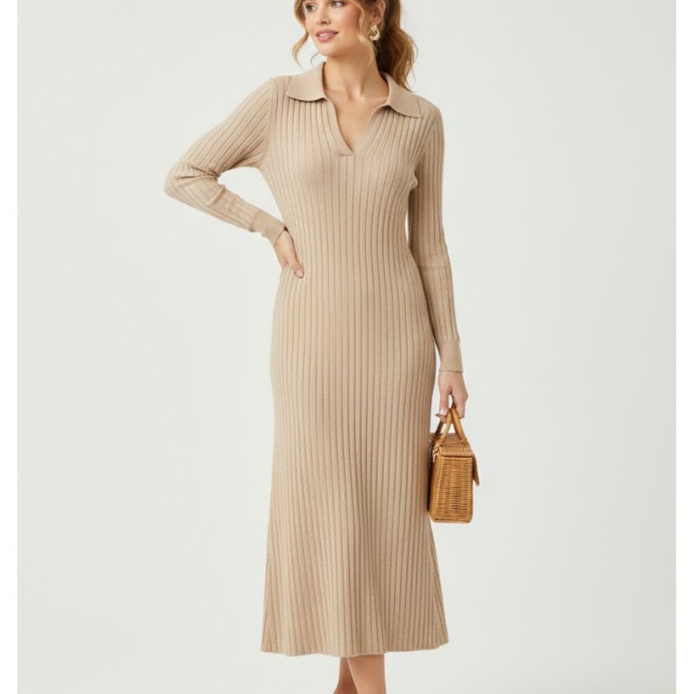 Womans Loft Max Sweater Dress Small Brown Long Sleeve Collar Cream - Picture 7 of 13